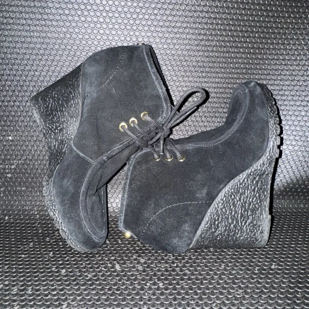 Michael Kors Black Suede Wedge Booties Gold Accent Comfort Shoe Womens Size 6.5M